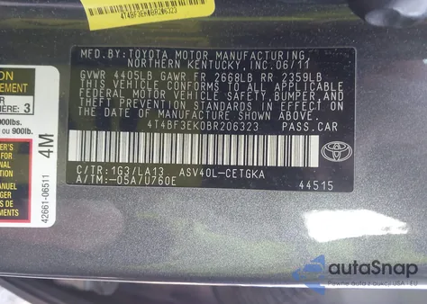 2011 Toyota Camry Xle из США, поврежденный, VIN 4T4BF3EK0BR206323